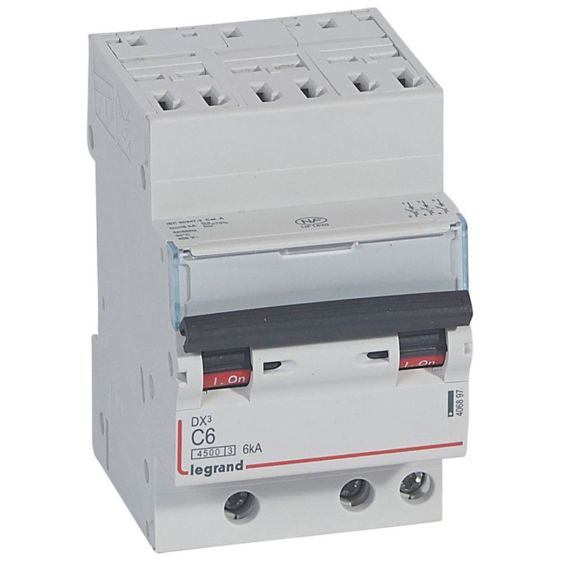 Legrand 406897 - Disjoncteur DX³4500 6kA bornes auto/vis 3P 400V~ 6A courbe C - 3 modules