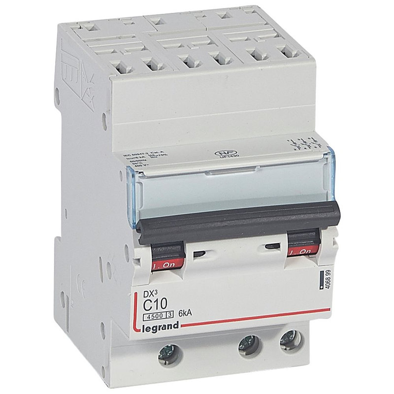 Legrand 406899 - Disjoncteur DX³4500 6kA bornes auto/vis 3P 400V~ 10A courbe C - 3 modules