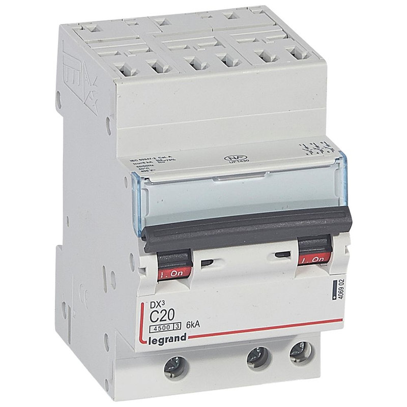 Legrand 406902 - Disjoncteur DX³4500 6kA bornes auto/vis 3P 400V~ 20A courbe C - 3 modules