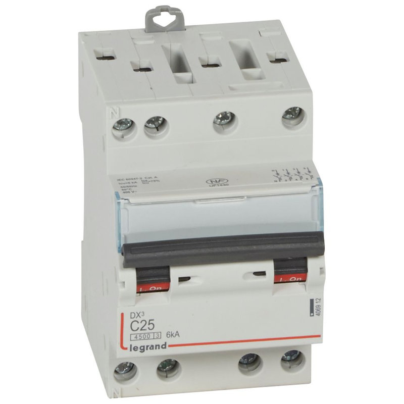 Legrand 406912 - Disjoncteur DX³4500 6kA bornes à vis 4P 400V~ 25A courbe C - 3 modules