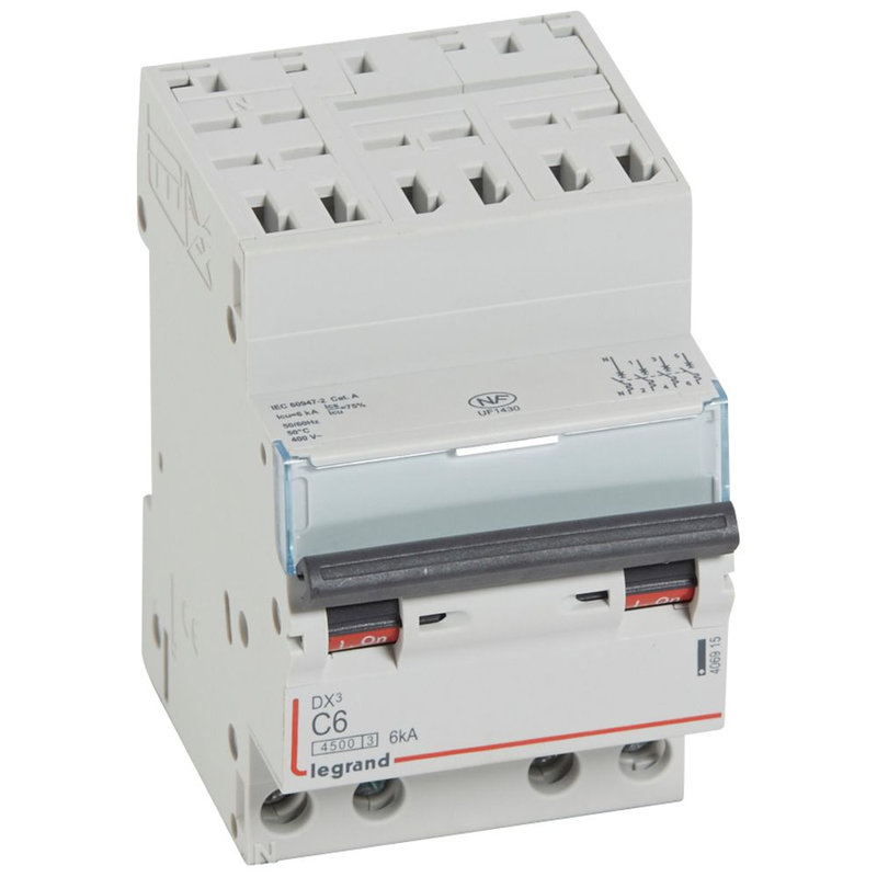 Legrand 406915 - Disjoncteur DX³4500 6kA bornes auto/vis 4P 400V~ 6A courbe C - 3 modules