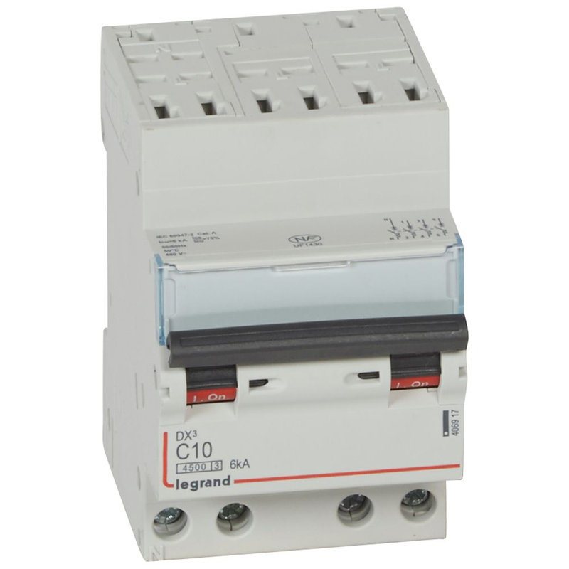 Legrand 406917 - Disjoncteur DX³4500 6kA bornes auto/vis 4P 400V~ 10A courbe C - 3 modules
