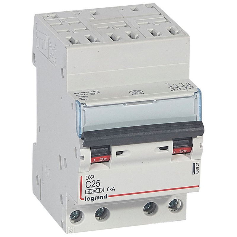 Legrand 406921 - Disjoncteur DX³4500 6kA bornes auto/vis 4P 400V~ 25A courbe C - 3 modules