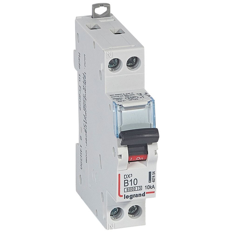 Legrand 407454 - Disj. DX³6000 10kA arrivée haute/départ bas à vis U+N 230V~ 10A courbe B -1 mod