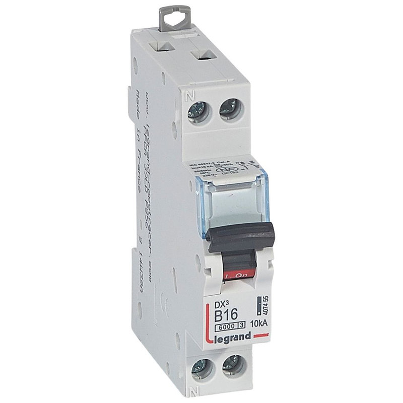 Legrand 407455 - Disj. DX³6000 10kA arrivée haute/départ bas à vis U+N 230V~ 16A courbe B -1 mod