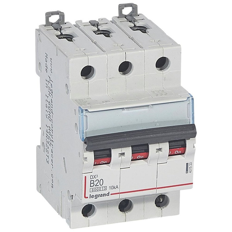 Legrand 407533 - Disjoncteur DX³6000 10kA arrivée haute/départ bas vis 3P 20A courbe B - 3 mod