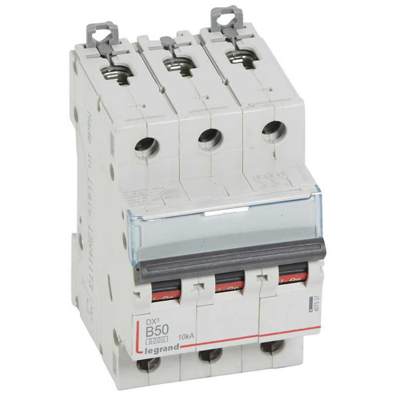 Legrand 407537 - Disjoncteur DX³6000 10kA arrivée haute/départ bas vis 3P 50A courbe B - 3 mod