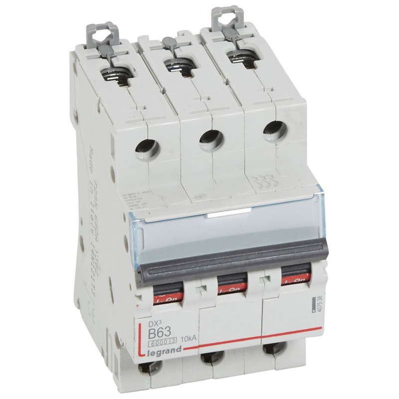 Legrand 407538 - Disjoncteur DX³6000 10kA arrivée haute/départ bas vis 3P 63A courbe B - 3 mod
