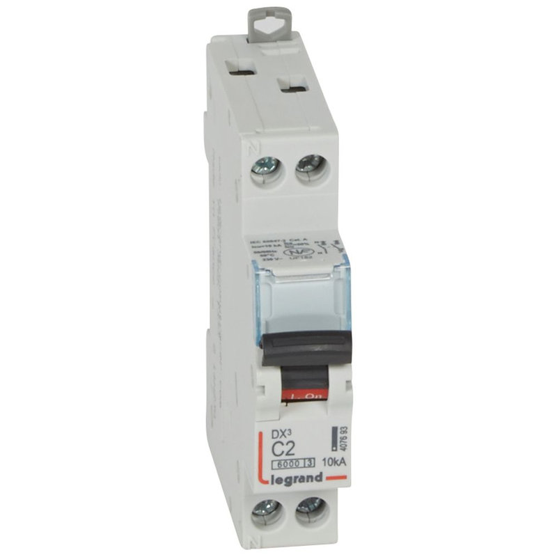 Legrand 407693 - Disjoncteur DX³6000 10kA arrivée haut/départ bas vis U+N 2A courbe C - 1 module