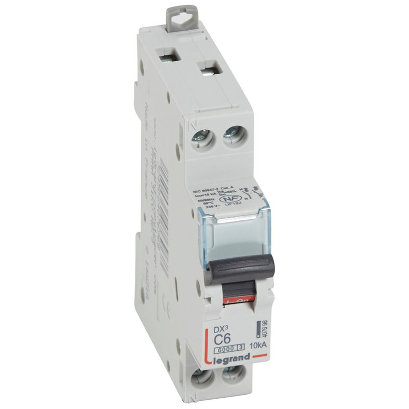 Legrand 407696 - Disjoncteur DX³6000 10kA arrivée haut/départ bas vis U+N 6A courbe C - 1 module