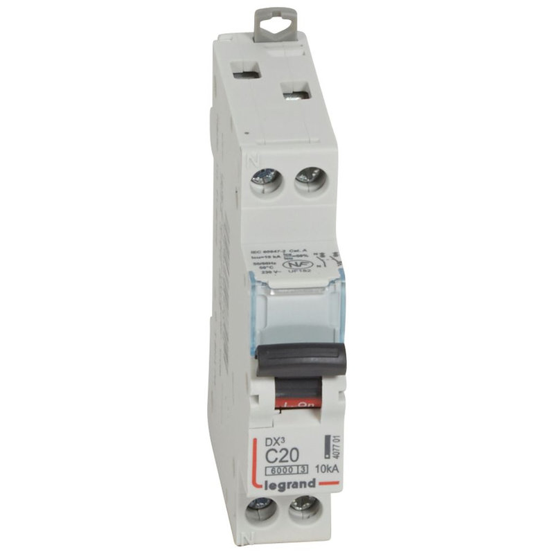 Legrand 407701 - Disjoncteur DX³6000 10kA arrivée haut/départ bas vis U+N 20A courbe C - 1 mod