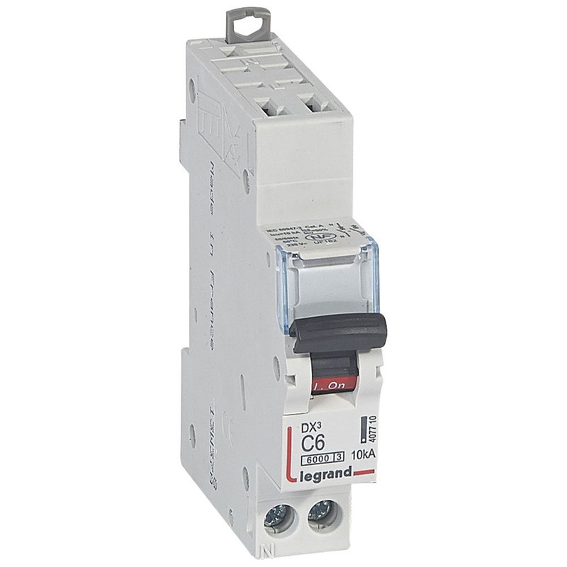 Legrand 407710 - Disjoncteur DX³ 6000 - auto/vis - U+N - 230V~ - 6 A - 10 kA - courbe C - 1M