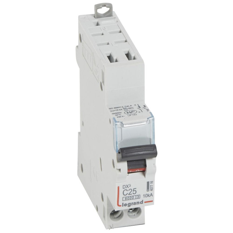 Legrand 407716 - Disjoncteur DX³ 6000 - auto/vis - U+N - 230V~ - 25 A - 10 kA - courbe C - 1M