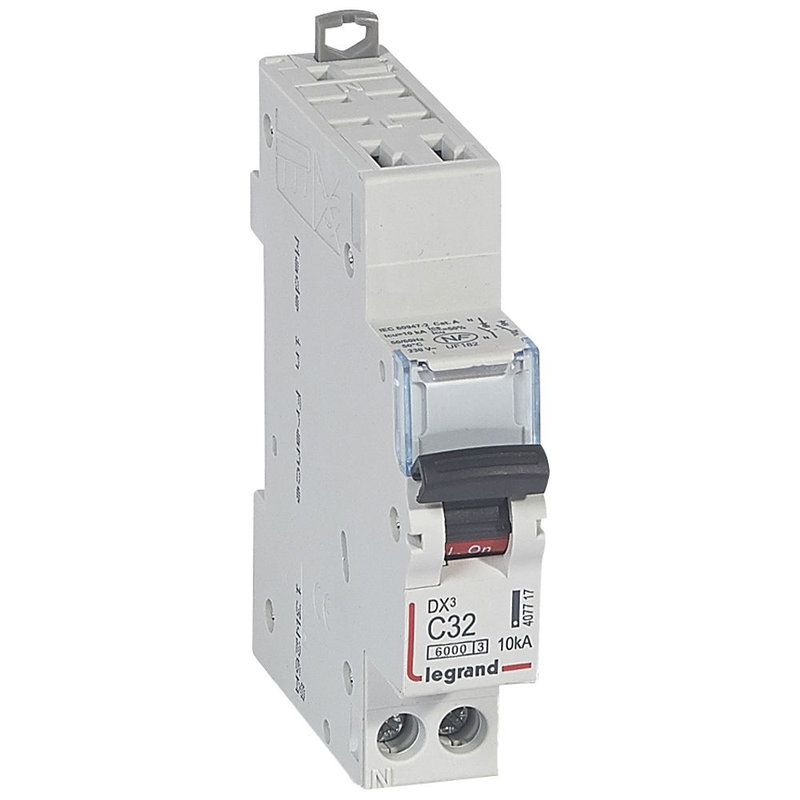 Legrand 407717 - Disjoncteur DX³ 6000 - auto/vis - U+N - 230V~ - 32A - 10 kA - courbe C - 1M