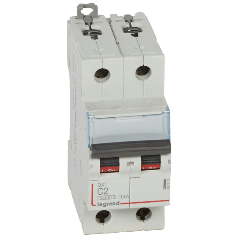 Legrand 407777 - Disjoncteur DX³6000 10kA arrivée haut/départ bas vis 2P 2A courbe C - 2 modules