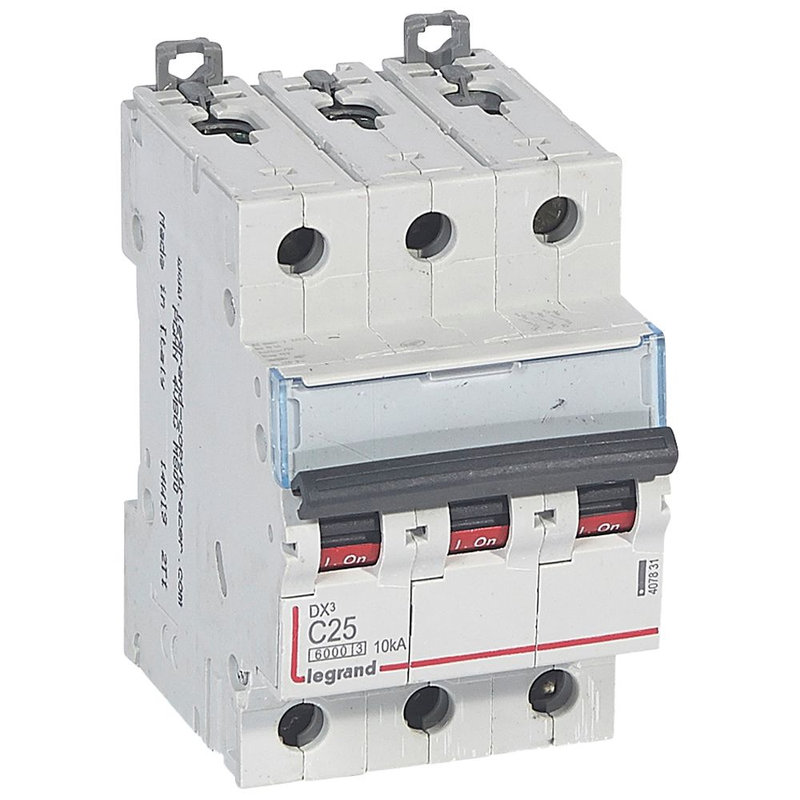 Legrand 407831 - Disjoncteur DX³ 6000 -vis/vis-3P- 400V~-25A-10kA-courbeC-peigne HX³ trad 4P -3M