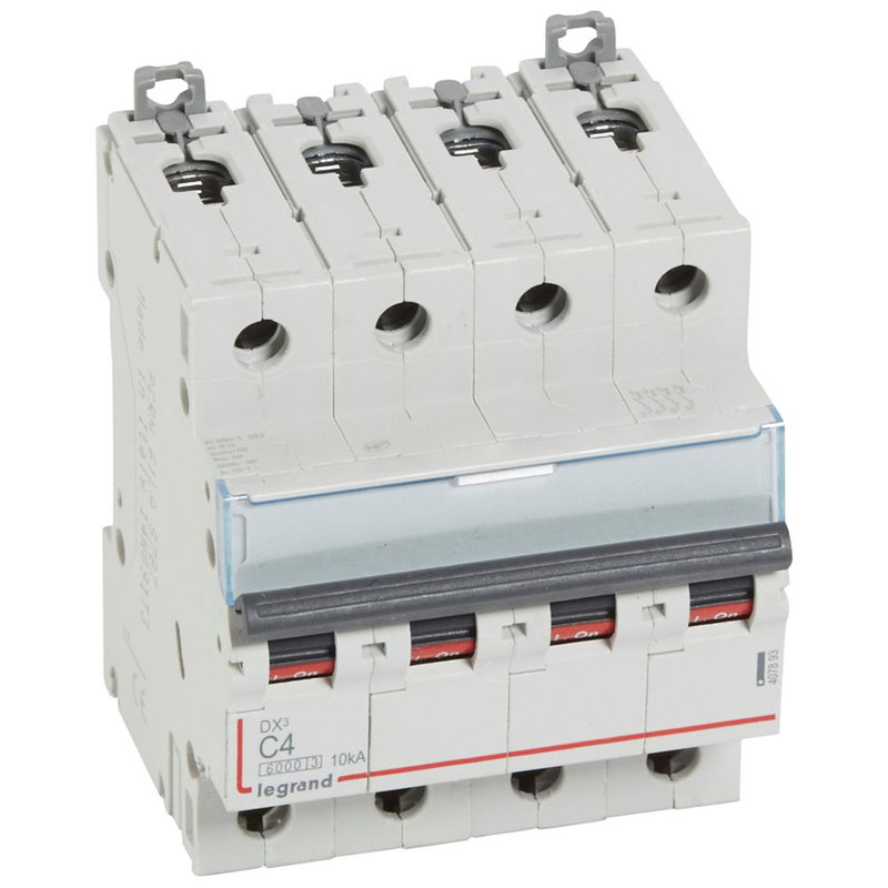 Legrand 407893 - Disjoncteur DX³ 6000 -vis/vis- 4P- 400V~-4A-10kA-courbeC-peigne HX³ trad 4P - 4M