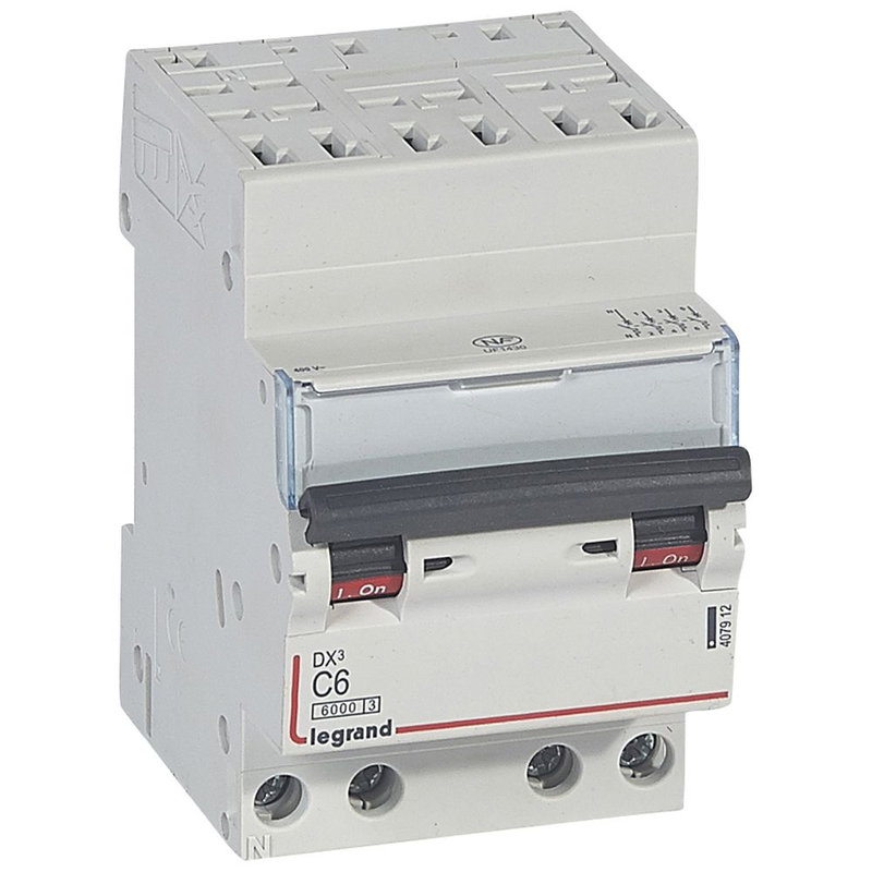 Legrand 407912 - Disjoncteur DX³ 6000 -auto/vis- 4P- 400V~-6A-10kA-courbeC-peigne HX³ opti 4P -3M