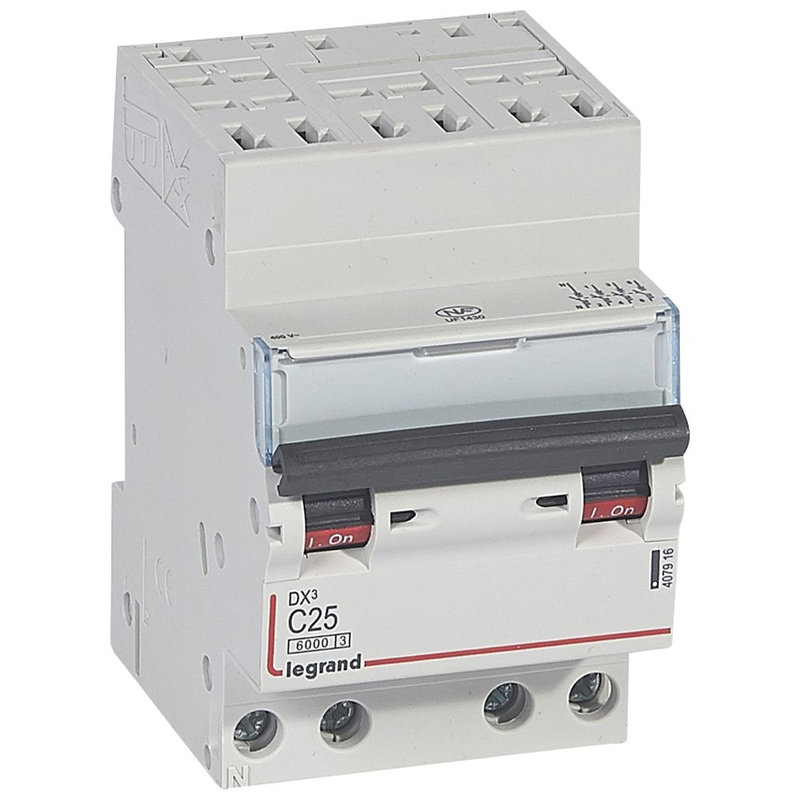 Legrand 407916 - Disjoncteur DX³ 6000 -auto/vis- 4P- 400V~-25A-courbeC-peigne HX³ opti 4P -3M