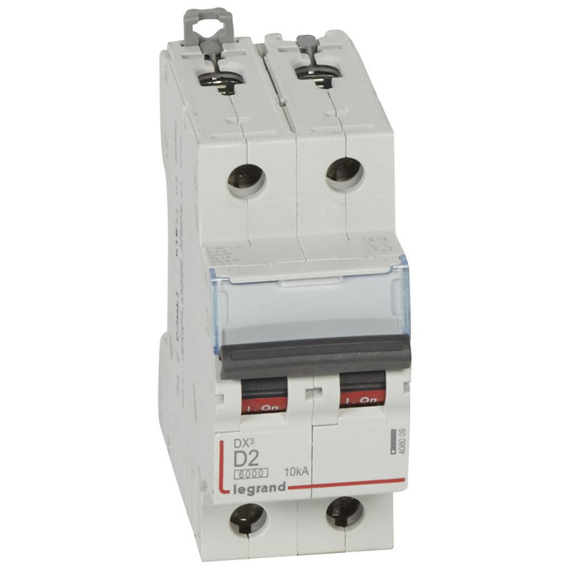 Legrand 408009 - Disjoncteur DX³6000 10kA arrivée haut/départ bas vis 2P 2A courbe D - 2 modules