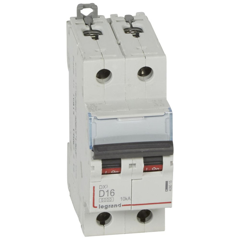 Legrand 408015 - Disjoncteur DX³6000 10kA arrivée haut/départ bas vis 2P 16A courbe D - 2 modules