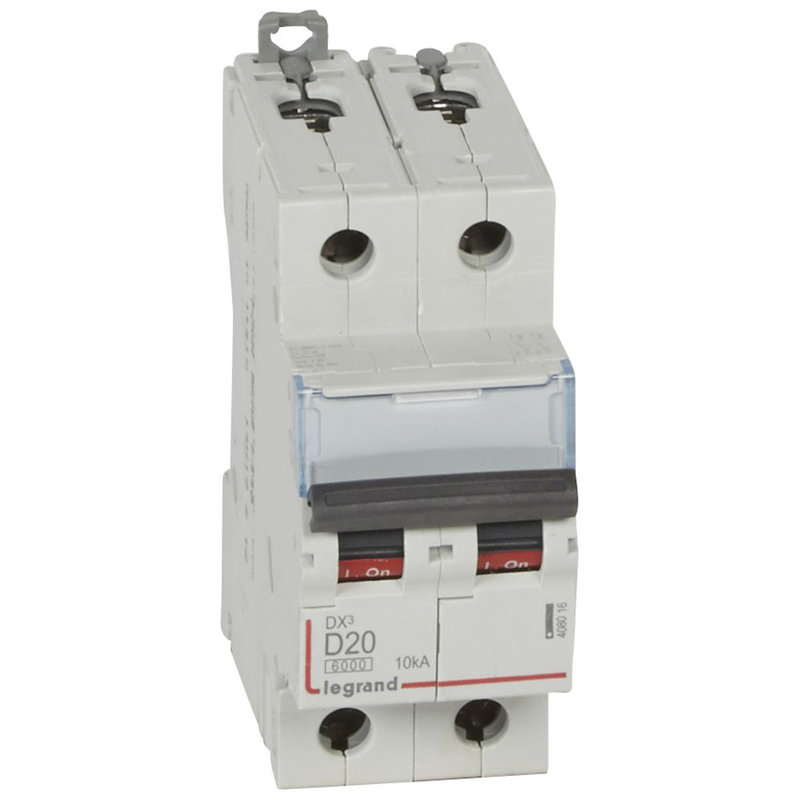 Legrand 408016 - Disjoncteur DX³6000 10kA arrivée haute/départ bas vis 2P 20A courbe D - 2 mod