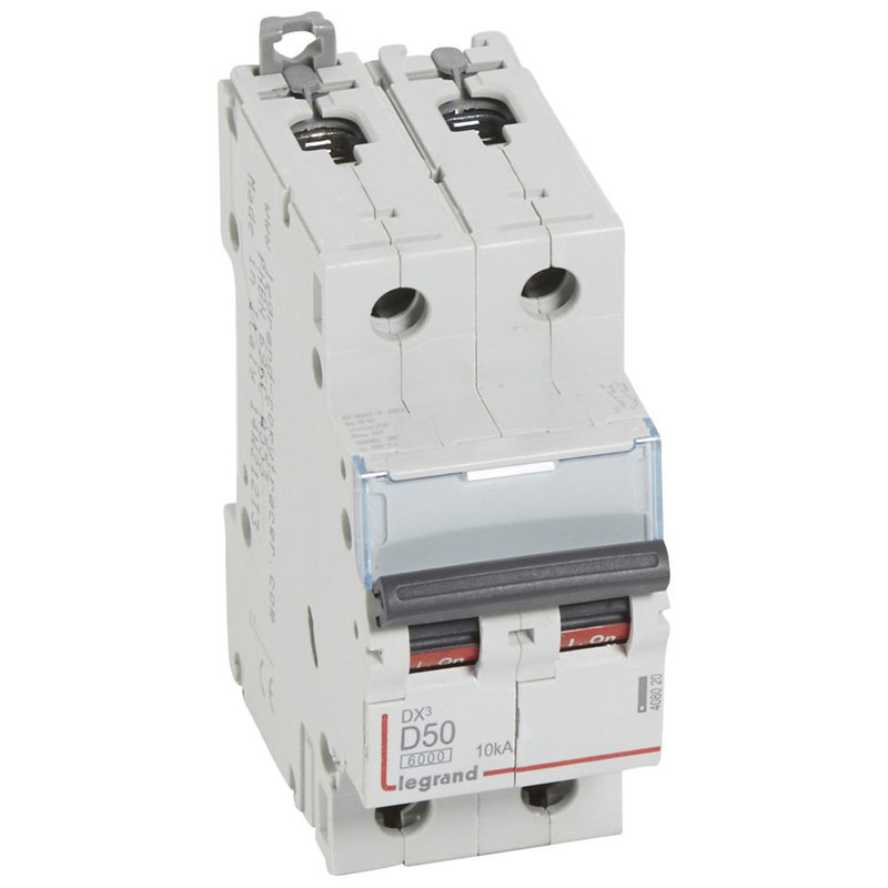Legrand 408020 - Disjoncteur DX³6000 10kA arrivée haute/départ bas vis 2P 50A courbe D - 2 mod