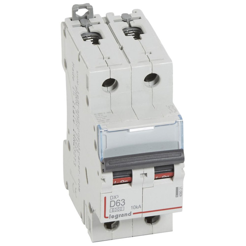 Legrand 408021 - Disjoncteur DX³6000 10kA arrivée haute/départ bas vis 2P 63A courbe D - 2 mod