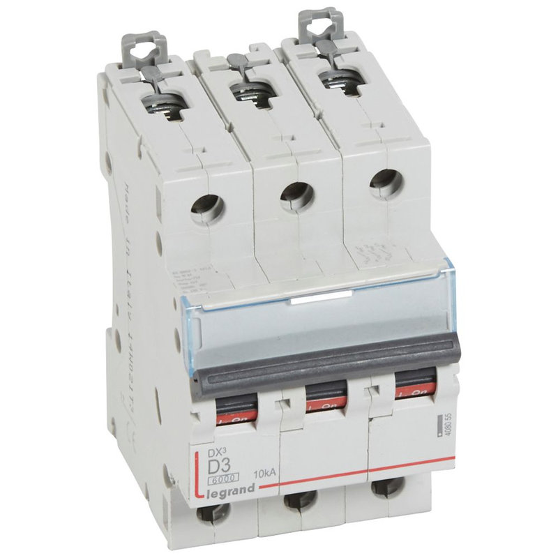 Legrand 408055 - Disjoncteur DX³ 6000-vis/vis-3P-400V~-3A-10kA-courbe D-peigne HX³ trad 3P-3M