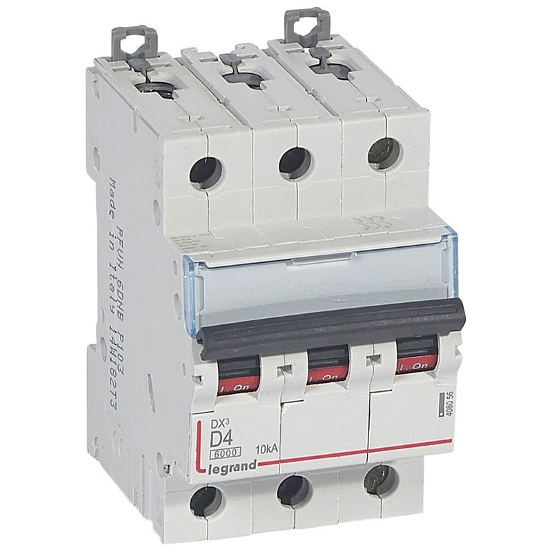 Legrand 408056 - Disjoncteur DX³ 6000-vis/vis-3P-400V~-4A-10kA-courbe D-peigne HX³ trad 3P-3M