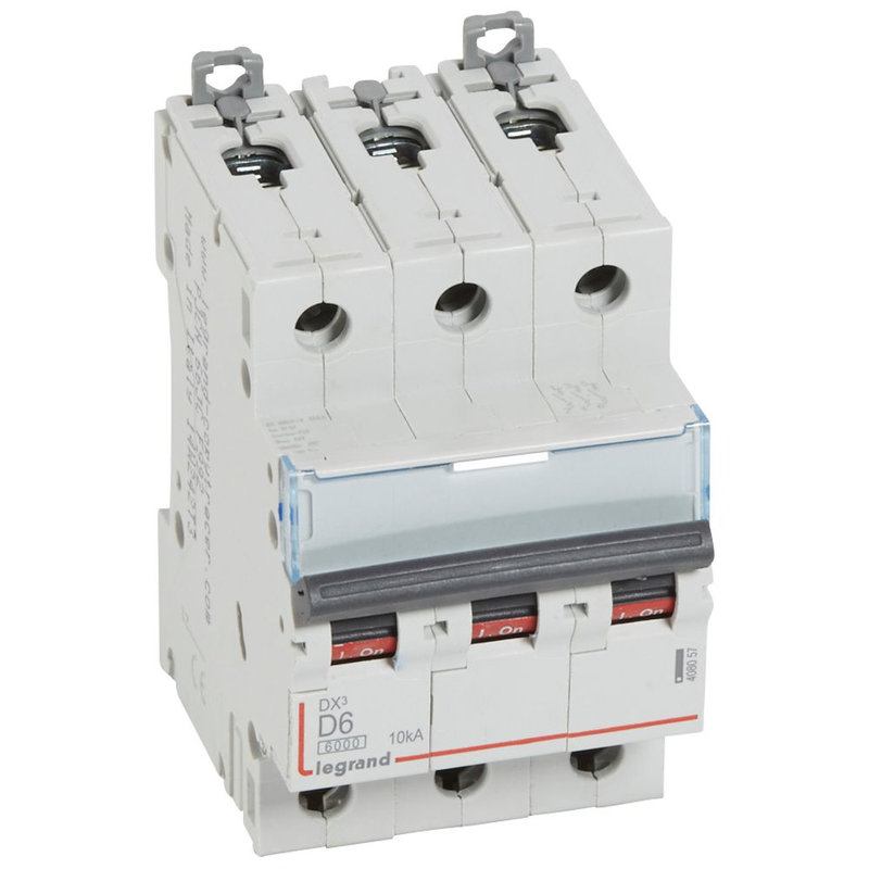 Legrand 408057 - Disjoncteur DX³ 6000-vis/vis-3P-400V~-6A-10kA-courbe D-peigne HX³ trad 3P-3M