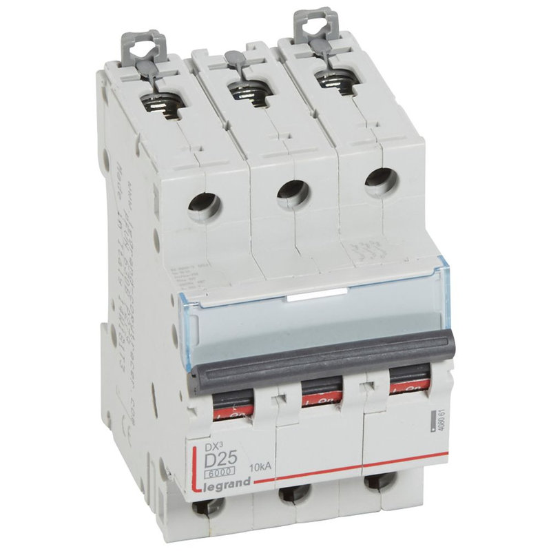 Legrand 408061 - Disjoncteur DX³ 6000-vis/vis-3P-400V~-25A-10kA-courbe D-peigne HX³ trad 3P-3M