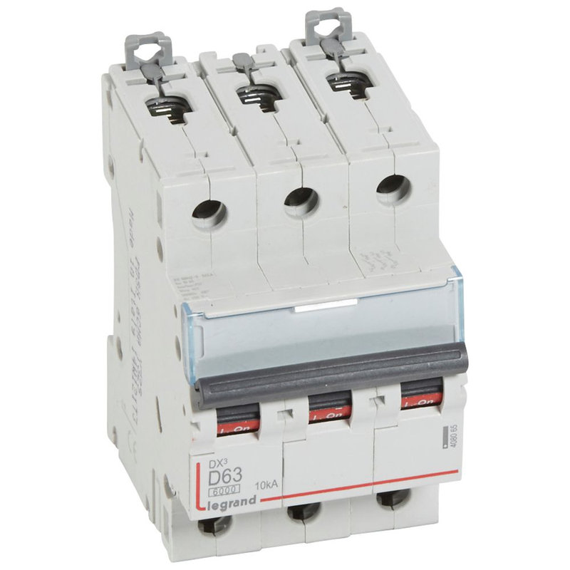 Legrand 408065 - Disjoncteur DX³ 6000-vis/vis-3P-400V~-63A-10kA-courbe D-peigne HX³ trad 3P-3M