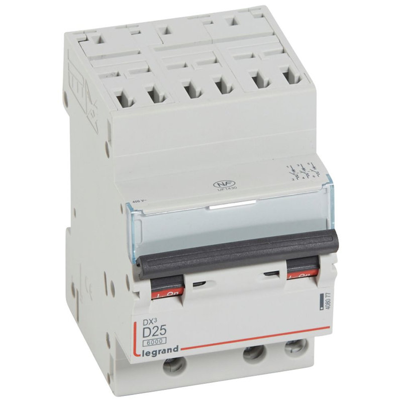 Legrand 408077 - Disjoncteur DX³ 6000-auto/vis-3P-400V -25A-10kA-courbe D-peigne HX³ opti 4P -3M