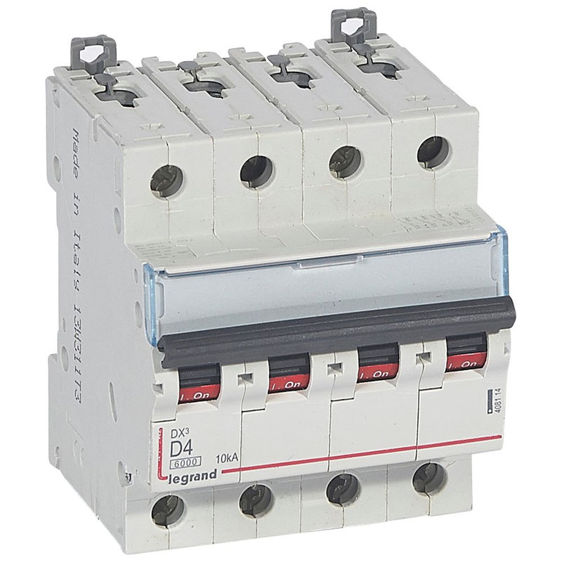 Legrand 408114 - Disjoncteur DX³ 6000-vis/vis-4P-400V~-4A-10kA-courbe D-peigne HX³ trad 4P - 4M