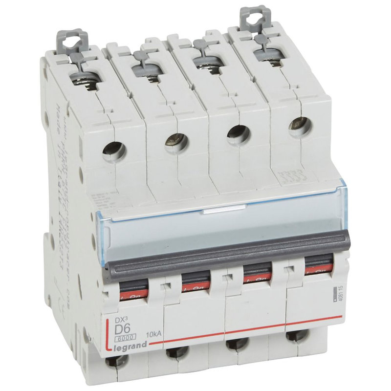 Legrand 408115 - Disjoncteur DX³ 6000-vis/vis-4P-400V~-6A-10kA-courbe D-peigne HX³ trad 4P - 4M