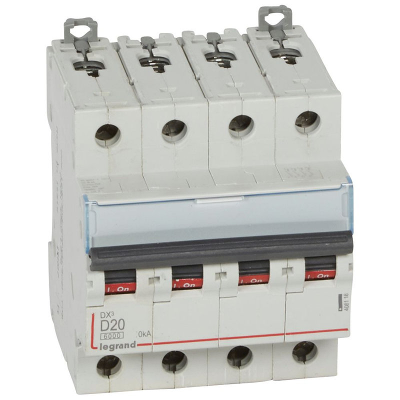 Legrand 408118 - Disjoncteur DX³ 6000-vis/vis-4P-400V~-20A-10kA-courbe D-peigne HX³ trad 4P - 4M