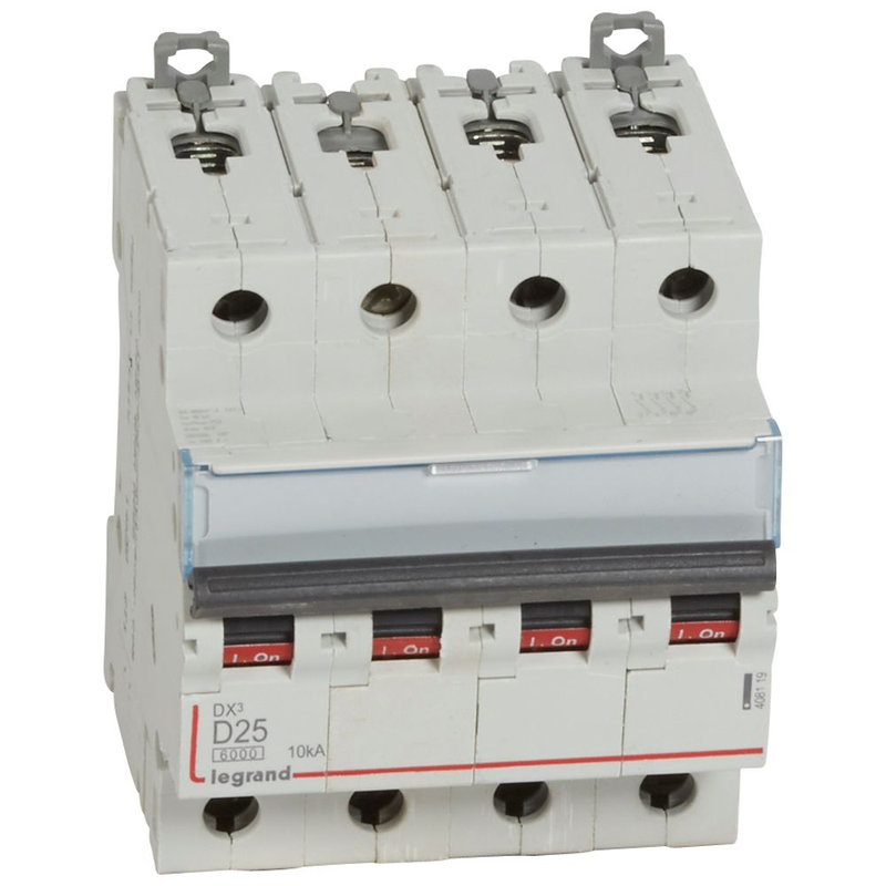 Legrand 408119 - Disjoncteur DX³ 6000-vis/vis-4P-400V~-25A-10kA-courbe D-peigne HX³ trad 4P - 4M