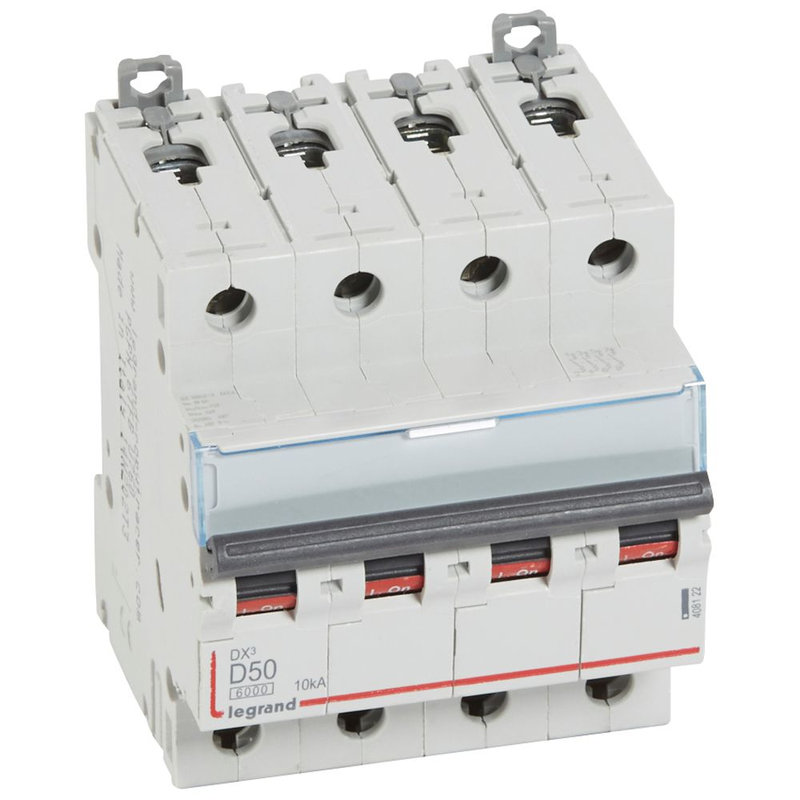 Legrand 408122 - Disjoncteur DX³ 6000-vis/vis-4P-400V~-50A-10kA-courbe D-peigne HX³ trad 4P - 4M