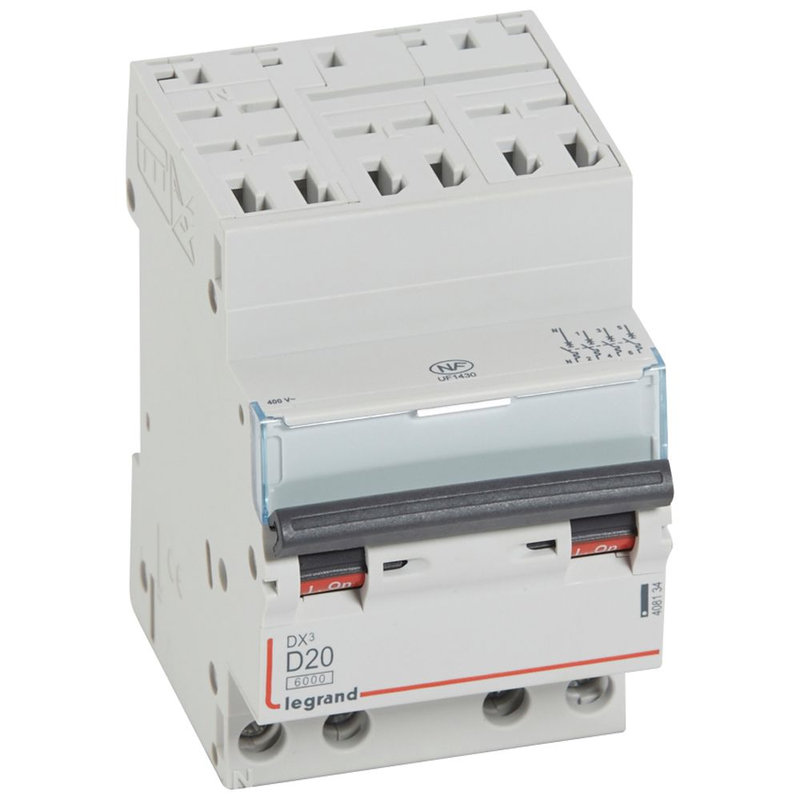 Legrand 408134 - Disjoncteur DX³ 6000-auto/vis-4P-400V~-20A-10kA-courbe D-peigne HX³ opti 4P -3M