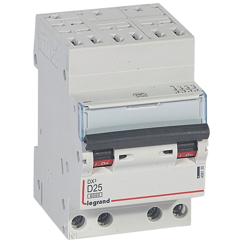 Legrand 408135 - Disjoncteur DX³ 6000-auto/vis-4P-400V~-25A-10kA-courbe D-peigne HX³ opti 4P -3M