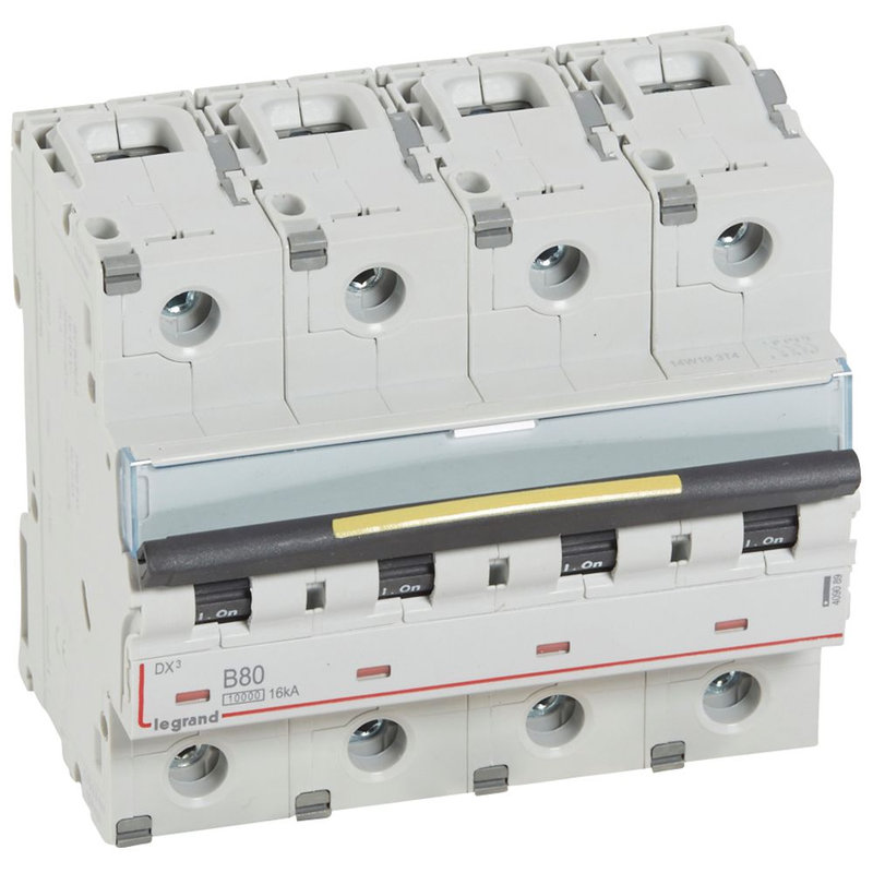 Legrand 409089 - Disjoncteur DX³10000 16kA arrivée haute/départ bas vis 4P 80A courbe B - 6 mod