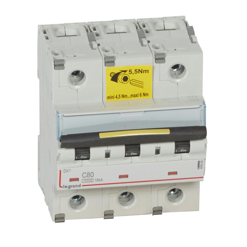Legrand 409280 - Disjoncteur DX³10000 16kA arrivée haut/départ bas vis 3P 80A courbe C - 4,5 mod