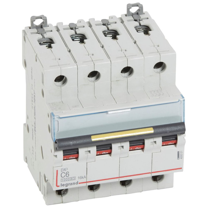 Legrand 409351 - Disjoncteur DX³10000 16kA arrivée haute/départ bas vis 4P 6A courbe C - 4 mod