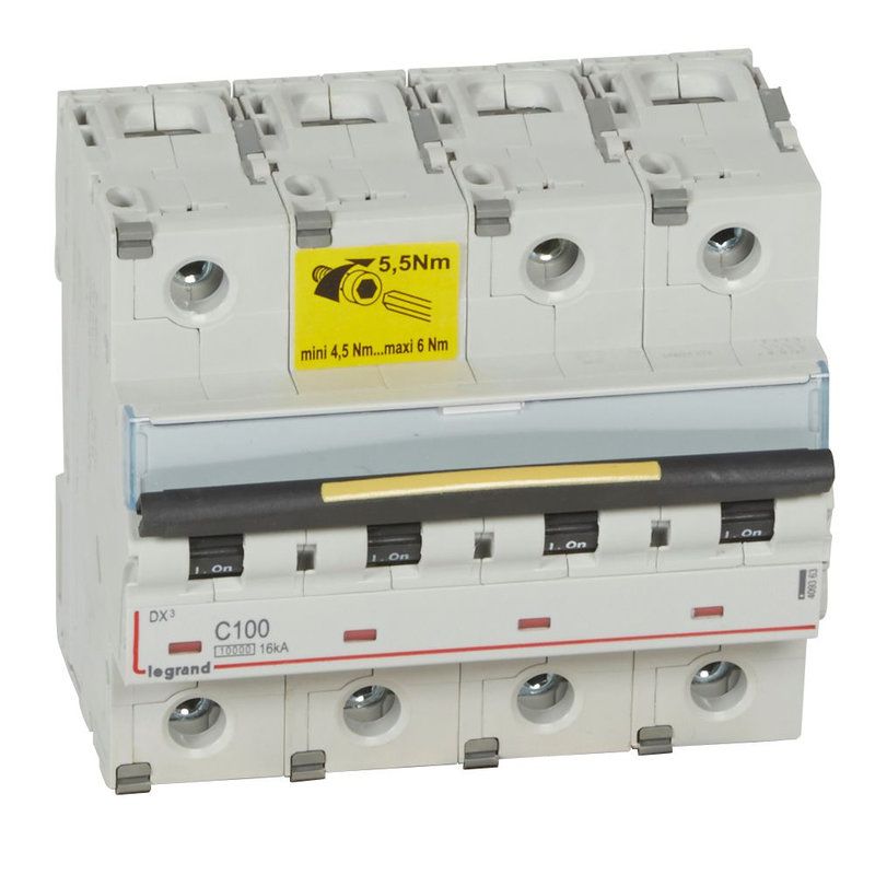 Legrand 409363 - Disjoncteur DX³10000 16kA arrivée haut/départ bas vis 4P 100A courbe C - 6 mod