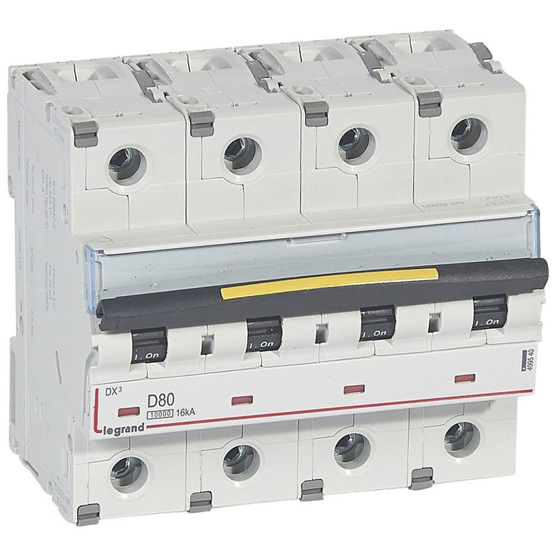 Legrand 409540 - Disjoncteur DX³10000 16kA arrivée haute/départ bas vis 4P 80A courbe D - 6 mod