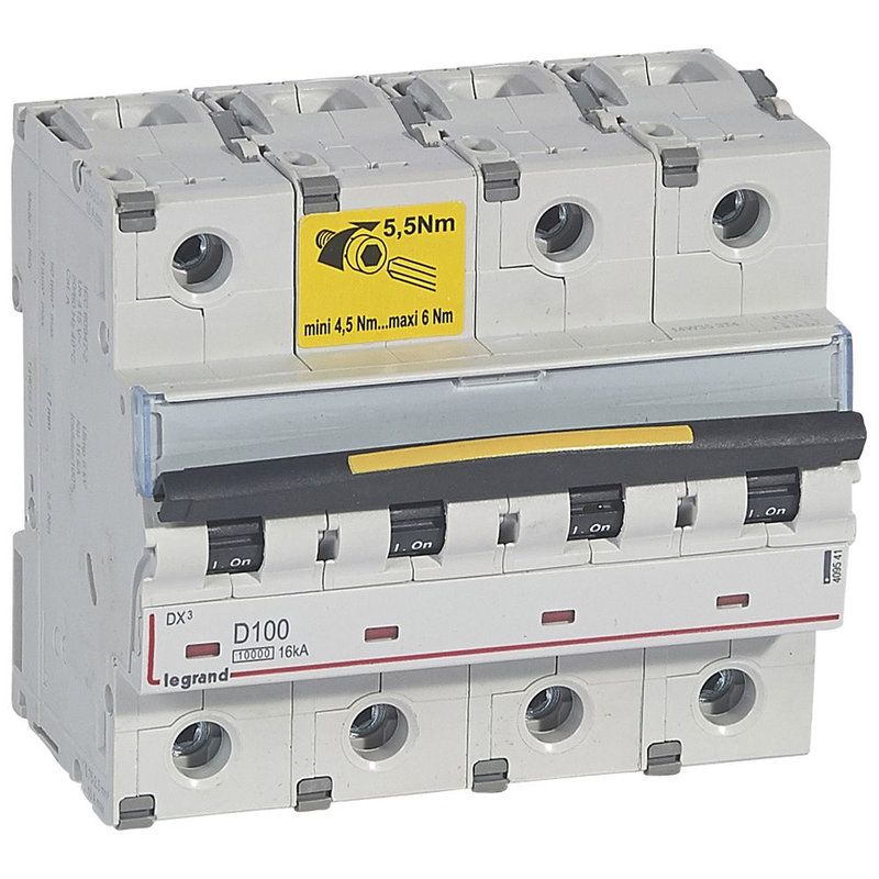Legrand 409541 - Disjoncteur DX³10000 16kA arrivée haut/départ bas vis 4P 100A courbe D 6 modules