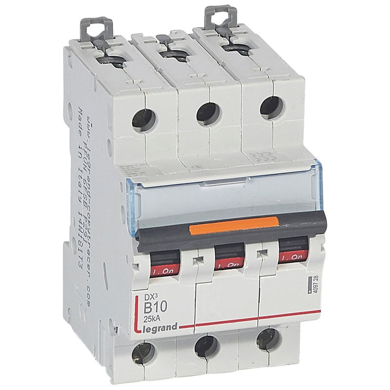 Legrand 409728 - Disj. DX³ 25kA arrivée haute, départ bas à vis 3P 400V~ - 10A courbe B 3modules