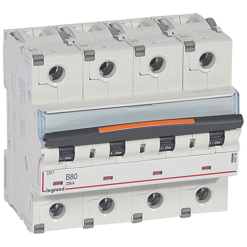 Legrand 409749 - Disj. DX³ 25kA arrivée haute, départ bas à vis 4P 400V~ - 80A courbe B 6 modules