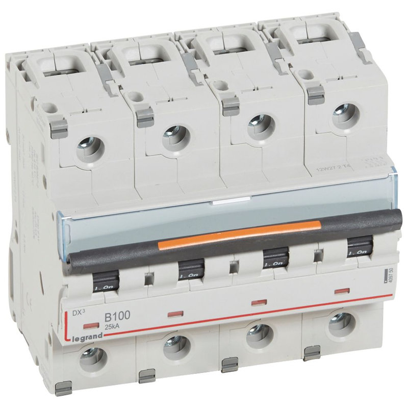 Legrand 409750 - Disjoncteur DX³ 25kA arrivée haute/départ bas vis 4P 100A courbe B - 6 mod